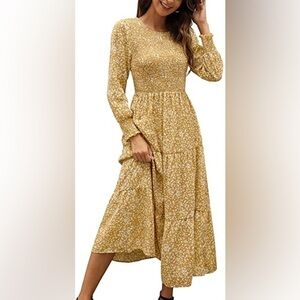 Maggeer Smocked Long Balloon Sleeve Tiered Midi Dress